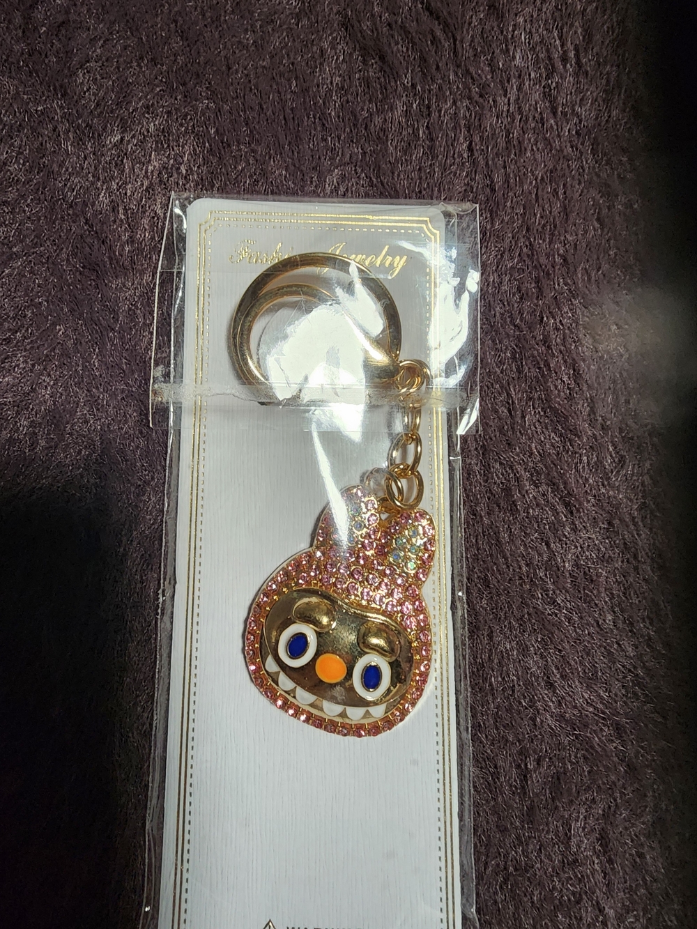 NWIP $12 Labubu Face Keychain - Pink & Gold with Blue Eyes